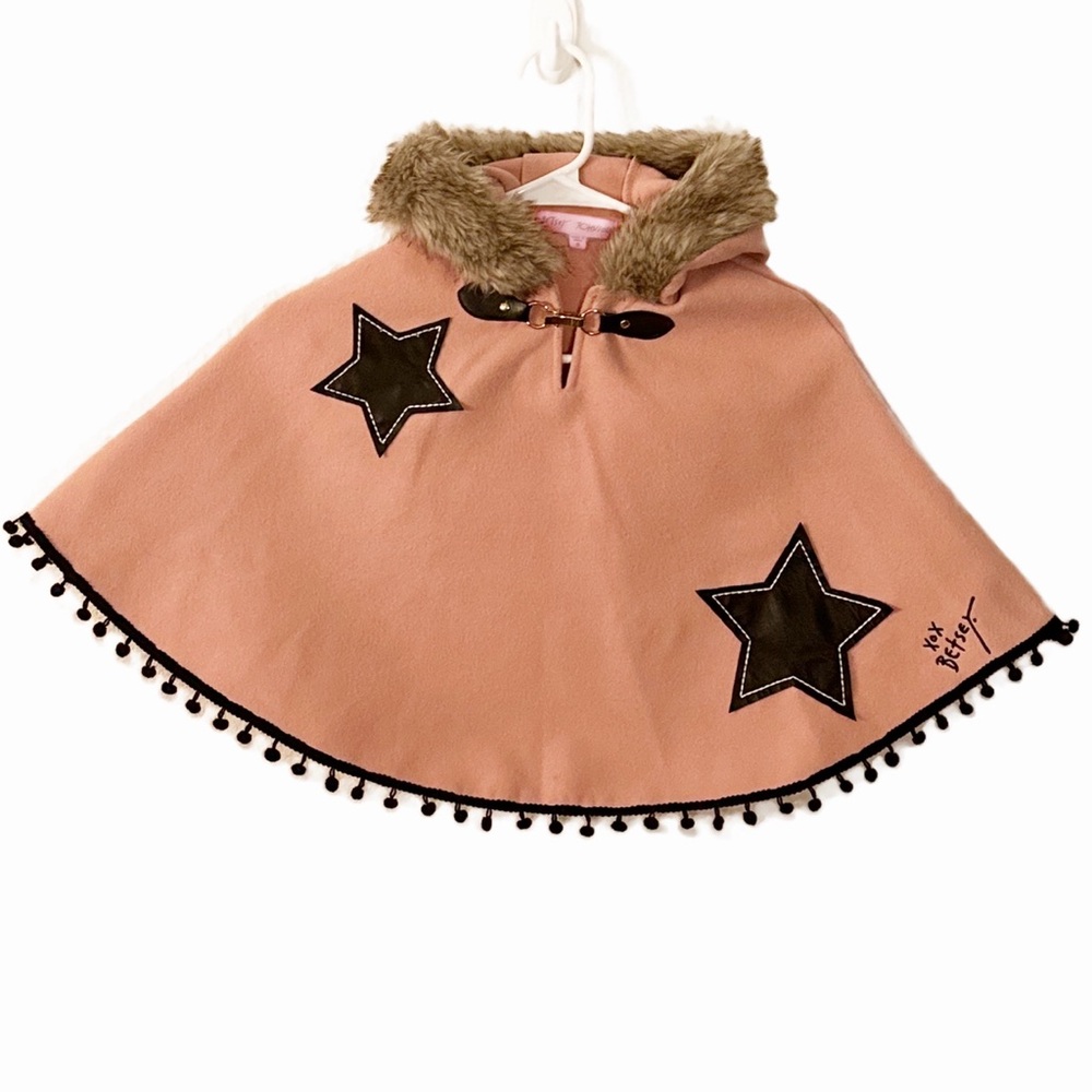 Betsey Johnson Pink & Black Stars Poncho with Fur Hood Size 6